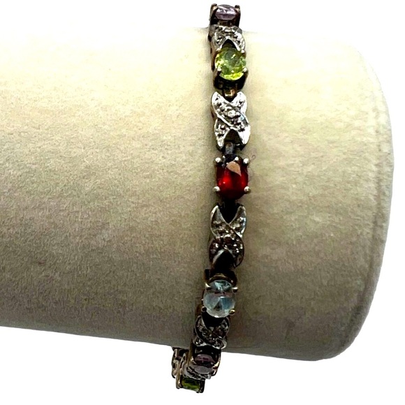 Vintage Multi-Stone Sterling Silver Bracelet With X Design & Gemstones    B19 - Picture 3 of 14